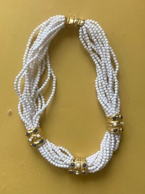 Vintage Multi-Strand White Beaded Cluster Necklace
